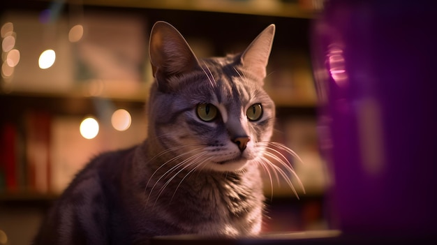 A cat with green eyes sits on a table with a purple cup in the background.