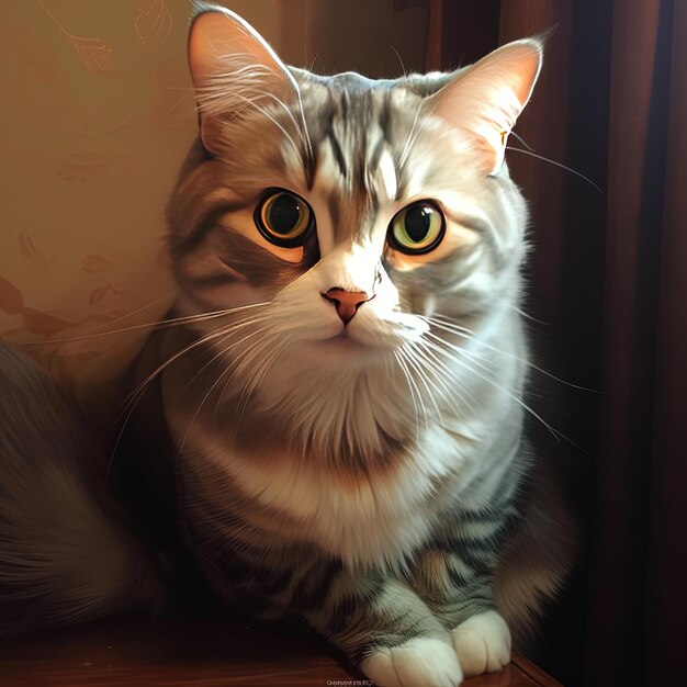 a cat with green eyes sits on a table