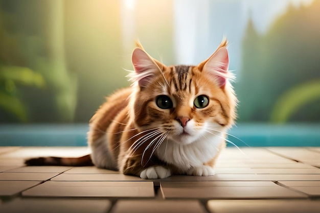 A cat with green eyes sits on a wooden floor.