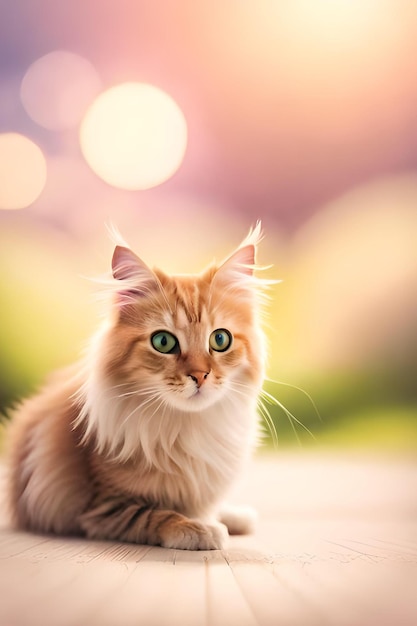 A cat with green eyes sits on a wooden surface.