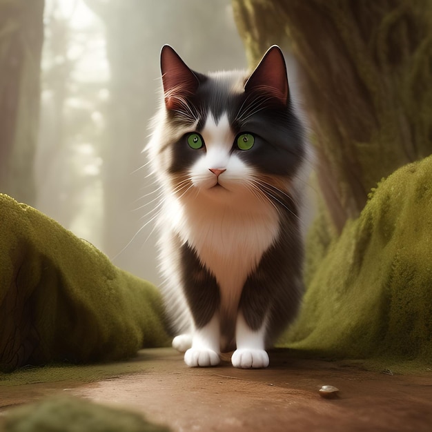 A cat with green eyes stands in a forest.