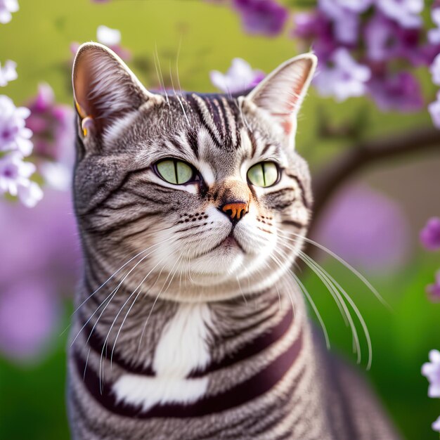 A cat with green eyes and a striped shirt stands in front of a purple flower.