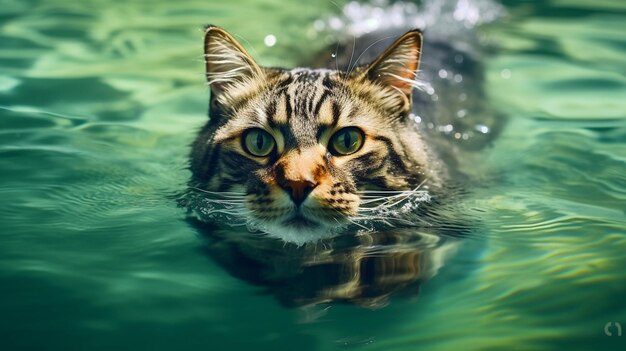 a cat with green eyes and a white stripe is swimming in the water.