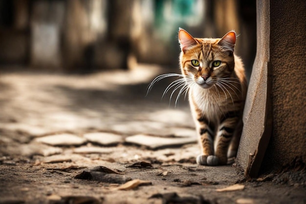 a cat with green eyes and a white whiskers is standing in the dirt