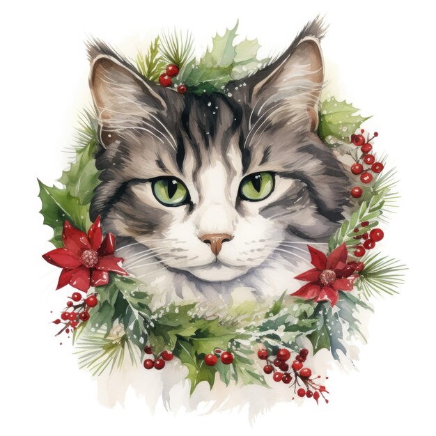 a cat with green eyes and a wreath of holly