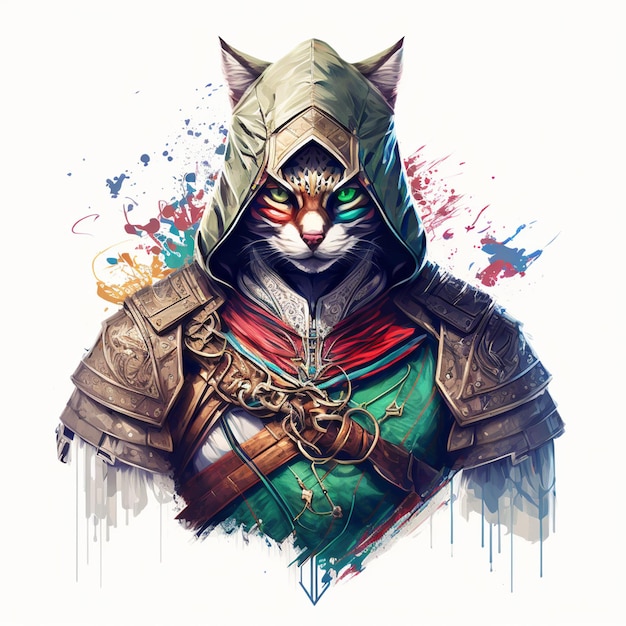 A cat with a green hood and a green hood is standing in front of a watercolor background.