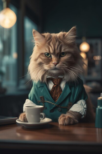 cat with a green vest and green eyes stands next to a coffee cup Generative ai