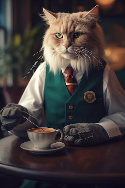 cat with a green vest and green eyes stands next to a coffee cup Generative ai