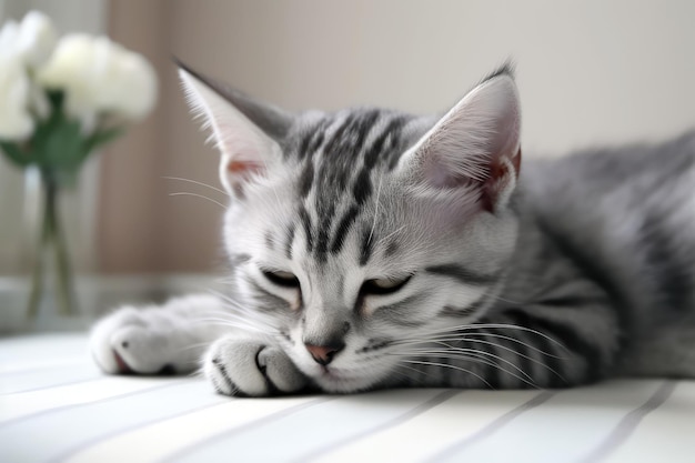 A cat with grey stripes and a black nose laying on a striped floor.