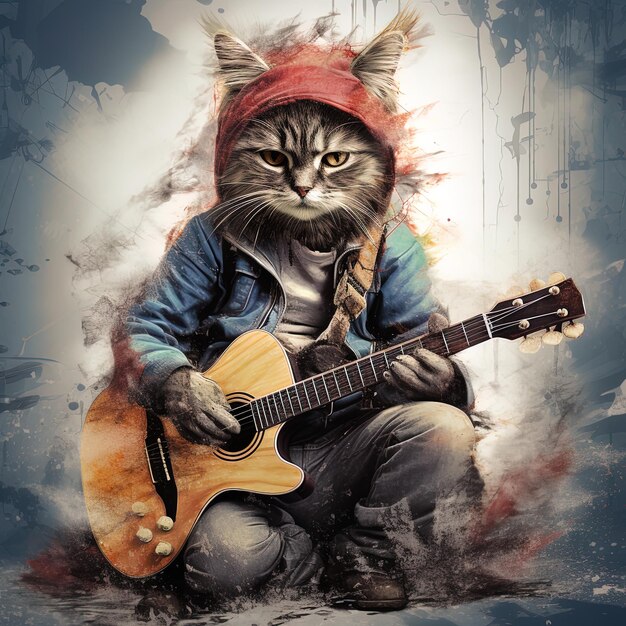 背景にギターとギターを持つ猫