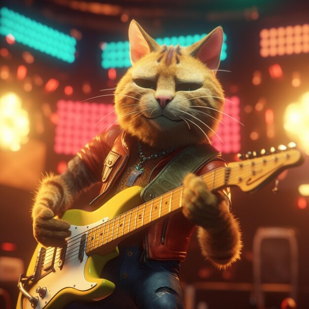 A cat with a guitar on his back is playing a guitar.