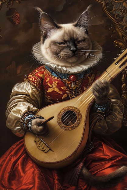 Foto un gatto con una chitarra nelle mani sta suonando la chitarra