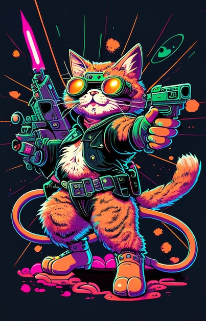 Cat with gun in black shirt generative ai