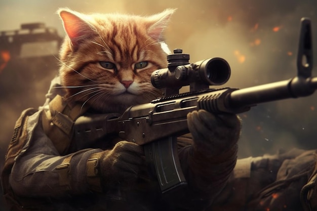 A cat with a gun in his hands