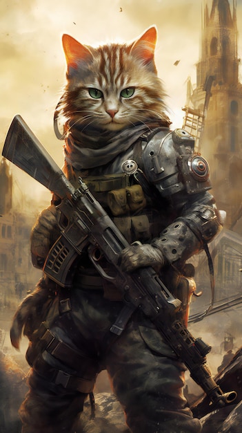 A cat with a gun is standing in front of a war zone.