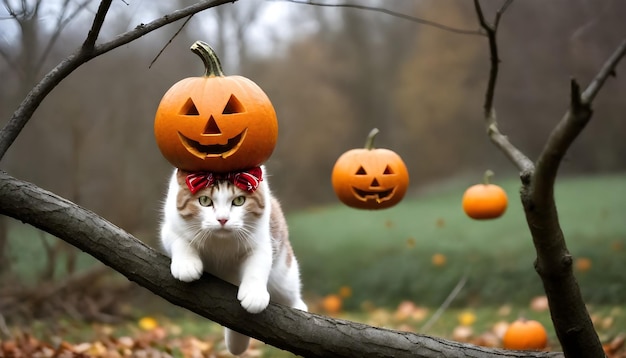 Photo cat with halloween pumpkin