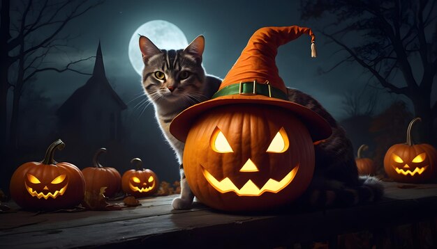 Photo cat with halloween pumpkin