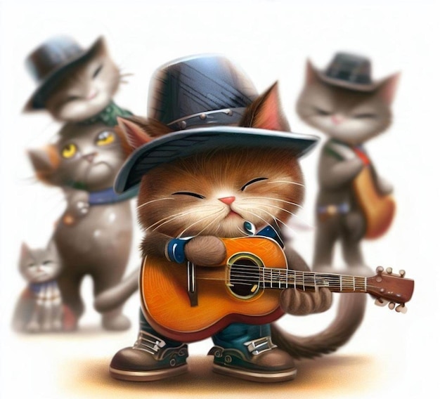 A cat with a hat and boots playing a guitar.