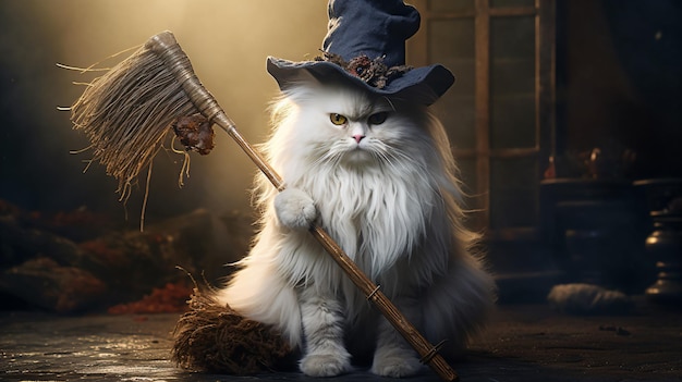 a cat with a hat and a broom