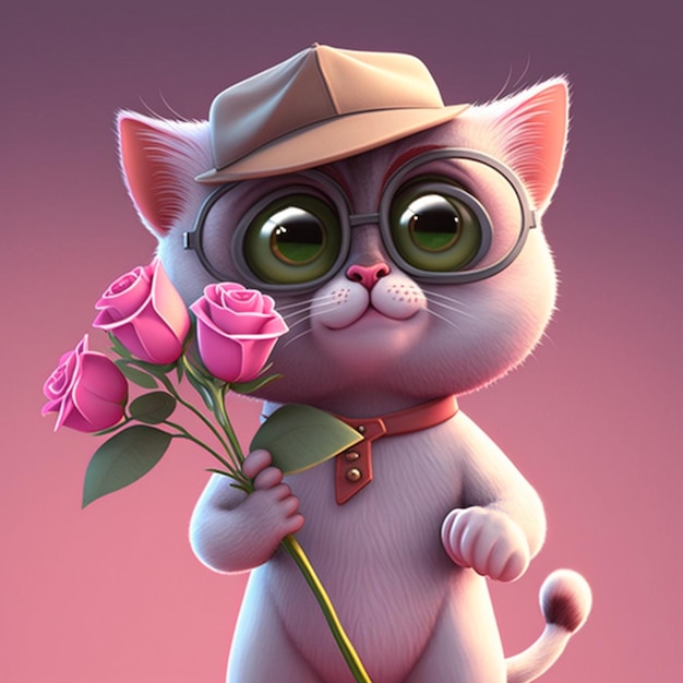 A cat with a hat and glasses holding roses.