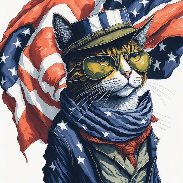 A cat with a hat and glasses is standing in front of a flag