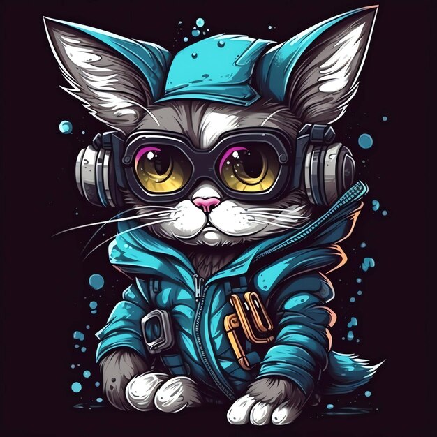 A cat with a hat and glasses and a jacket with the word cat on it.