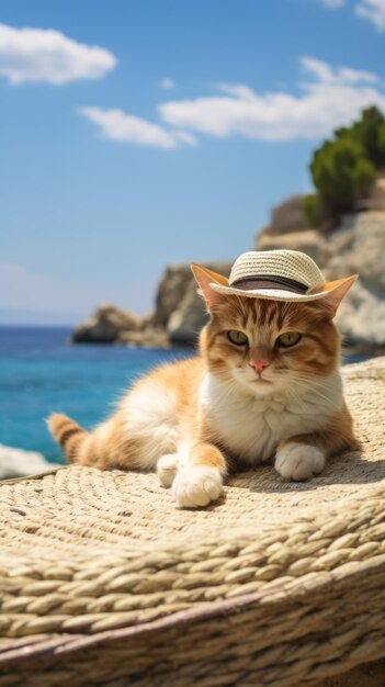 A cat with a hat is lying on the roof traveling at the beach