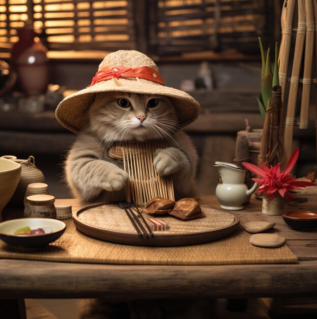 A cat with a hat on its head sits on a table with a pot and a pot and a flower