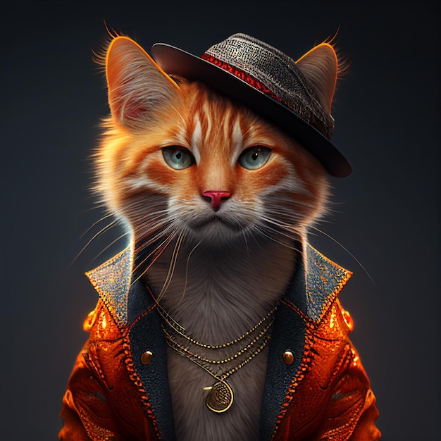 A cat with a hat and jacket that says " cat " on it.