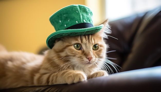 写真 緑のソファに帽子をかぶった猫のコンセプト st.patrick's day