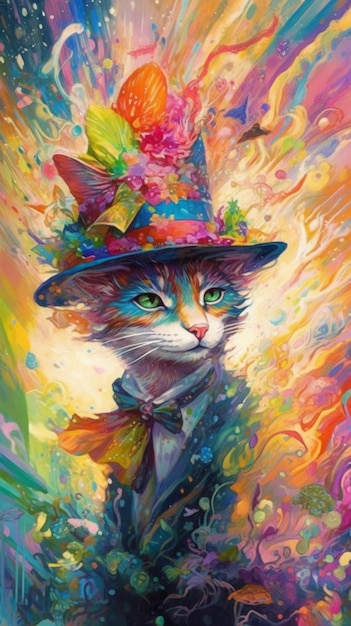 A cat with a hat and rainbow colors.