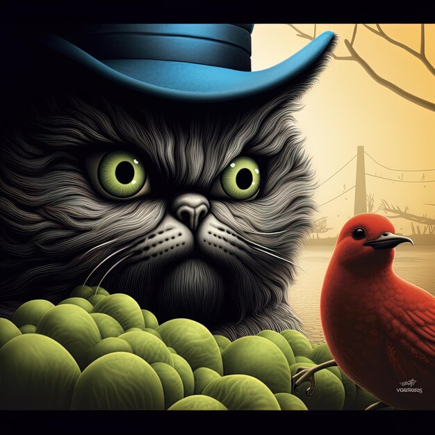 a cat with a hat on and a red bird on the top of it