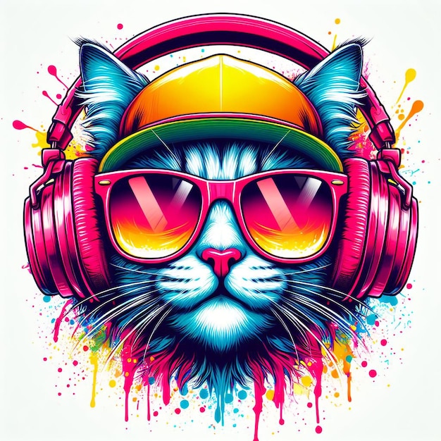 cat with headphone tshirt design