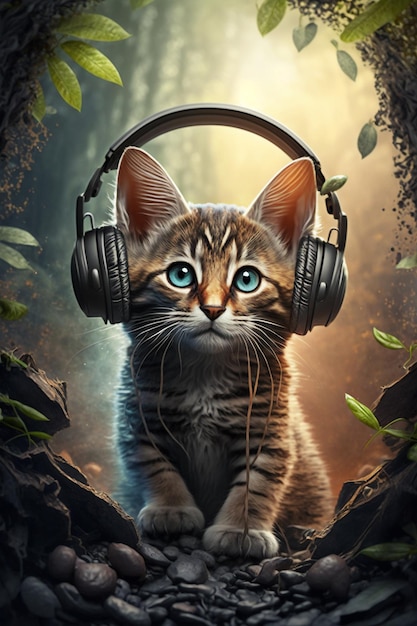 Cat with headphones Generative AI