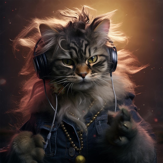 Cat with headphones listening to music rock star style