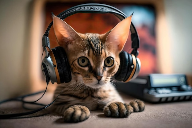 A cat with headphones on and a radio in the background