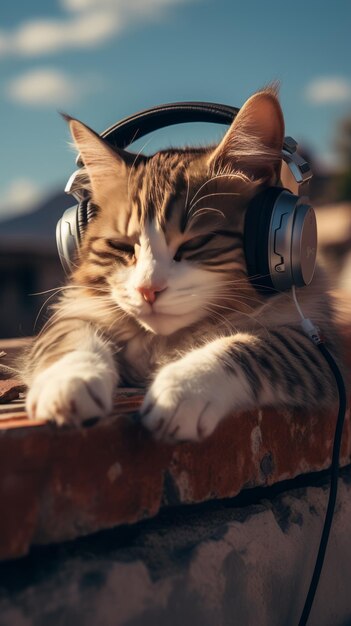 A cat with headphonesis lying on the roof traveling at the beach