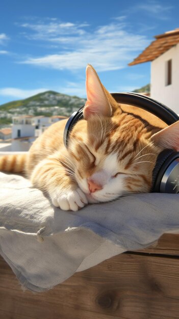 A cat with headphonesis lying on the roof traveling at the beach