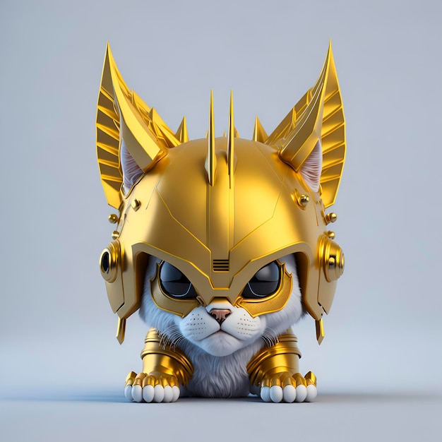 A cat with a helmet on it is wearing a gold helmet.
