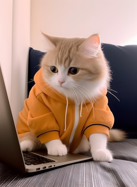 Cat with hoodie Concept of hardworking pet AI generated image
