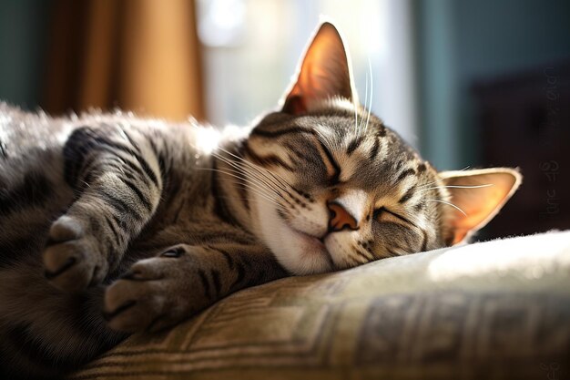 A cat with its eyes closed is sleeping on a couch.