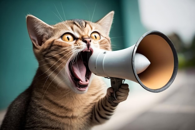Cat with its mouth open yelling into megaphone Generative AI