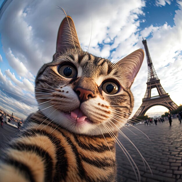 a cat with its tongue sticking out is taking a picture of a eiffel tower