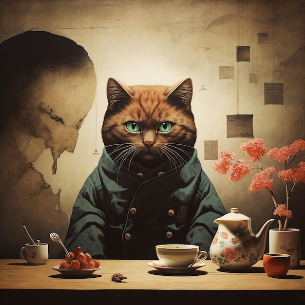 a cat with a jacket on sits on a table with a picture of a person wearing a coat.