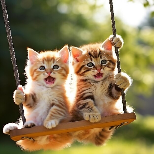 Photo cat with kitten fun swing