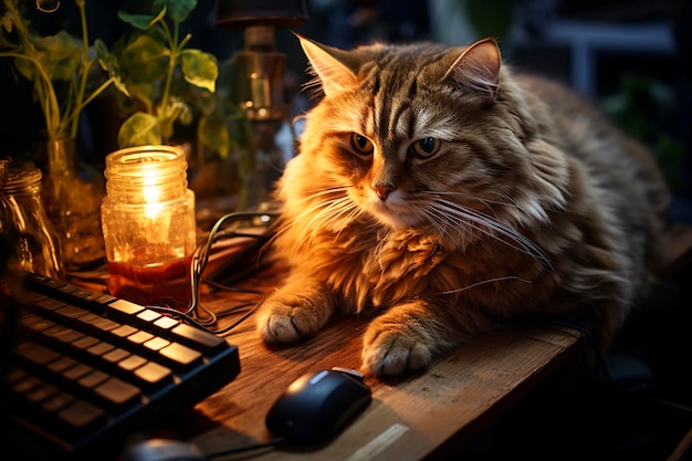 Photo cat with a laptop on a table in a dark room