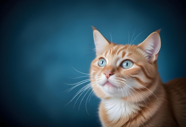 A cat with large alert eyes and whiskers against a blurred blue background