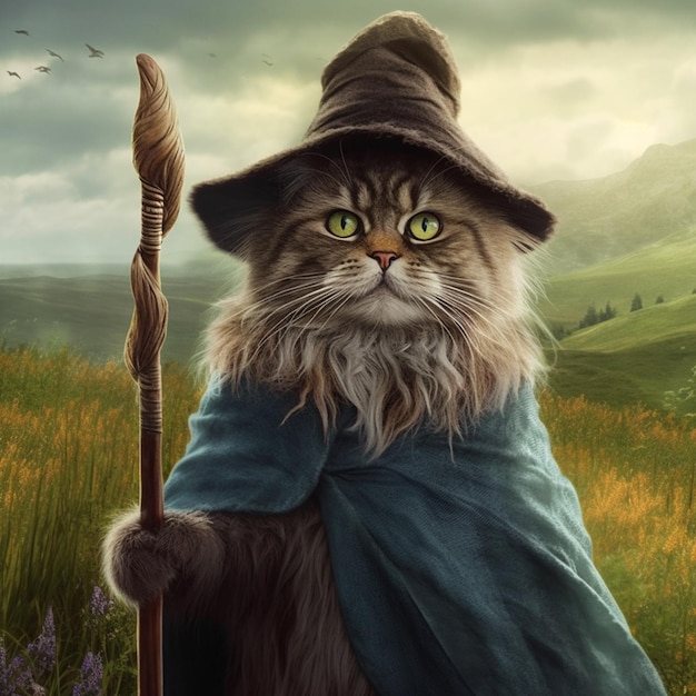 Foto un gatto con una lunga barba e un mantello blu è in piedi in un campo.