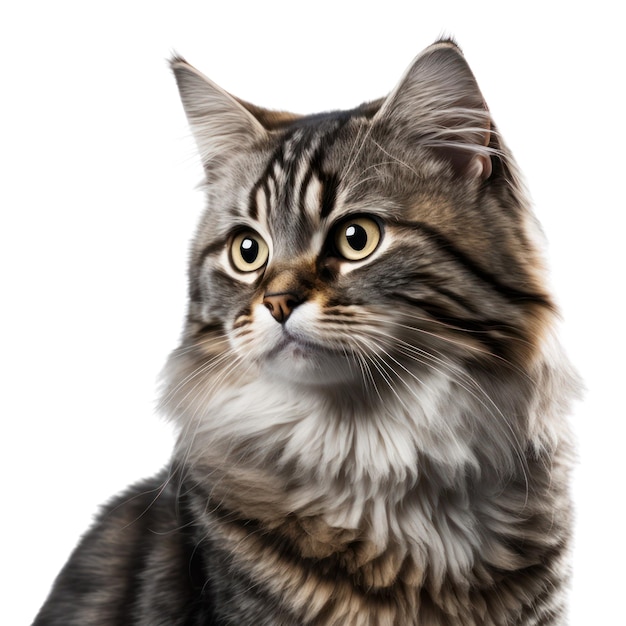 A cat with long hair and a black and gray striped coat.