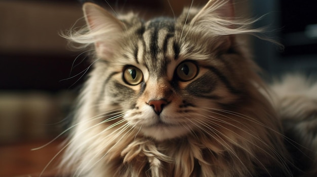 A cat with a long hair and a black and tan striped coat